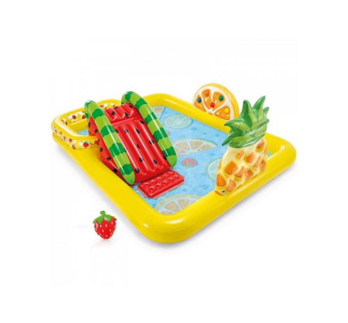 57158 Игровой центр 244х191х91см "Фруктовые игры" с разбрыз., горкой и игрушками, 493л, до 81кг, от 2 лет