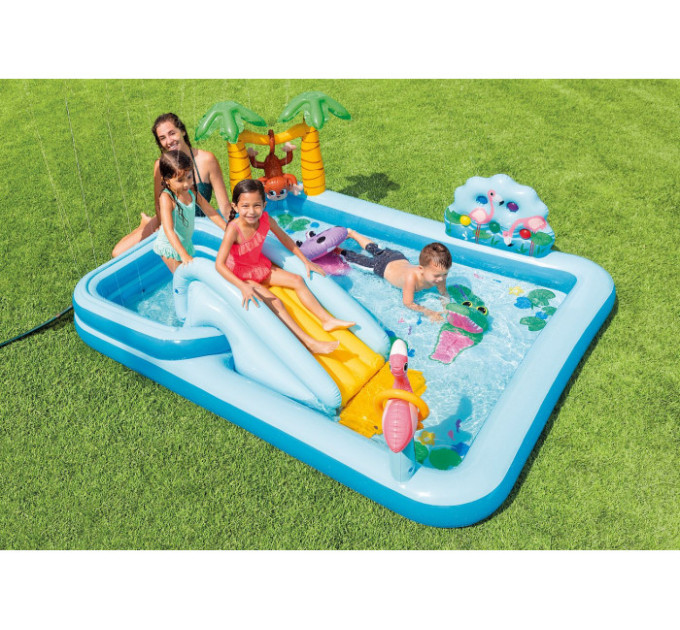 57161 Игровой центр 244х198х71см "Приключения в джунглях" с разбрыз, горк и игруш, 493л, до 81кг, от 2 лет