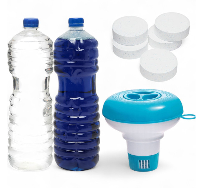 99 Комплект химии для бассейна (Альгицид, флокулянт, хлор таблетки, плавающий дозатор).